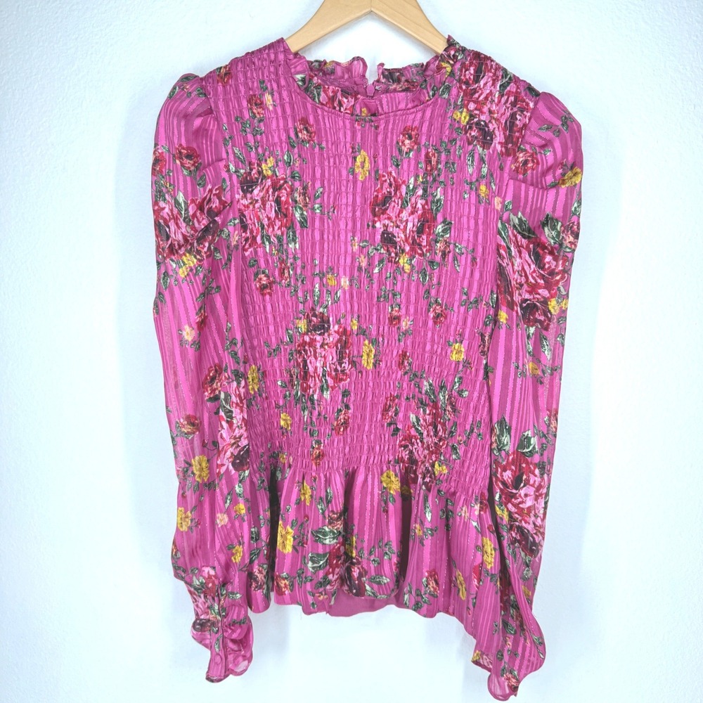Wayf Floral Smocked Satin Peplum Top‎ Magenta Peplum Regency Victorian Fairy